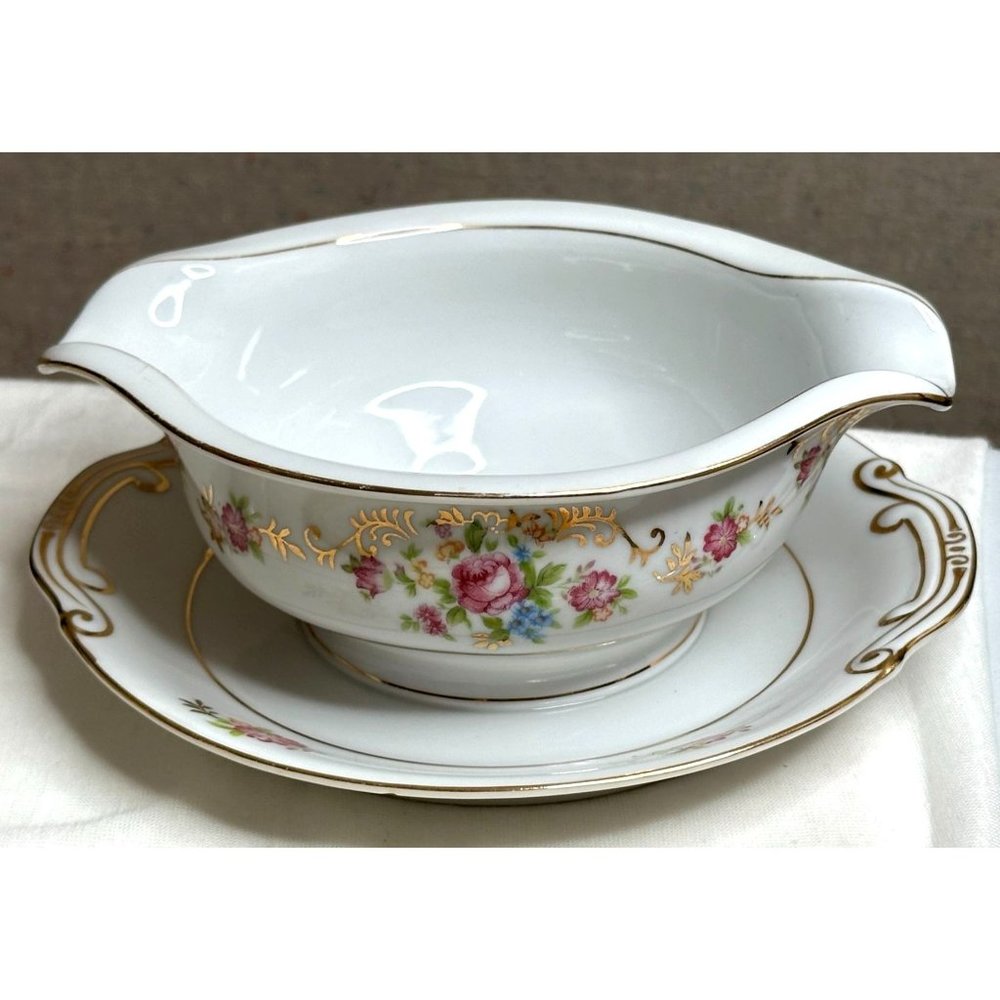 Maruichi China Gravy Boat Attached Plate Rose Gold Trim 40s Replacement Gift